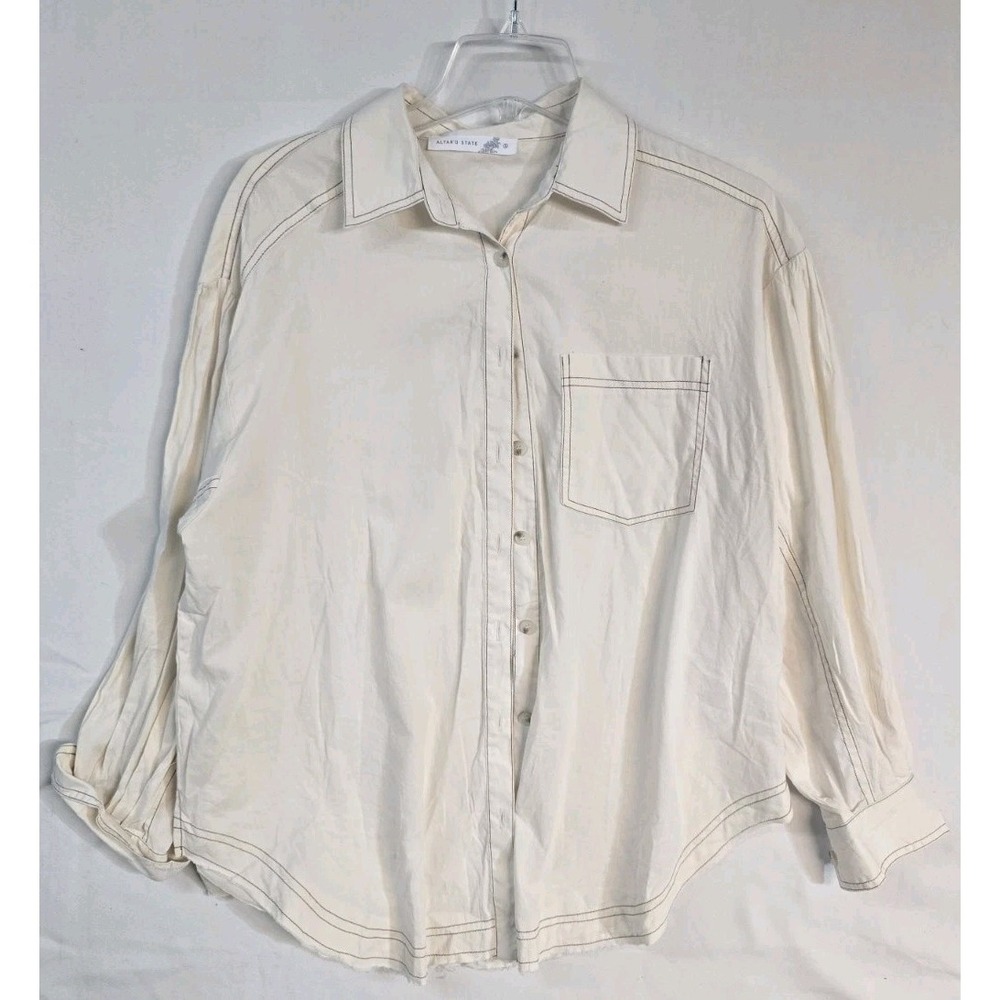 altar'd state Women's Button Down Shirt Ivory Small Long Sleeves Oversized